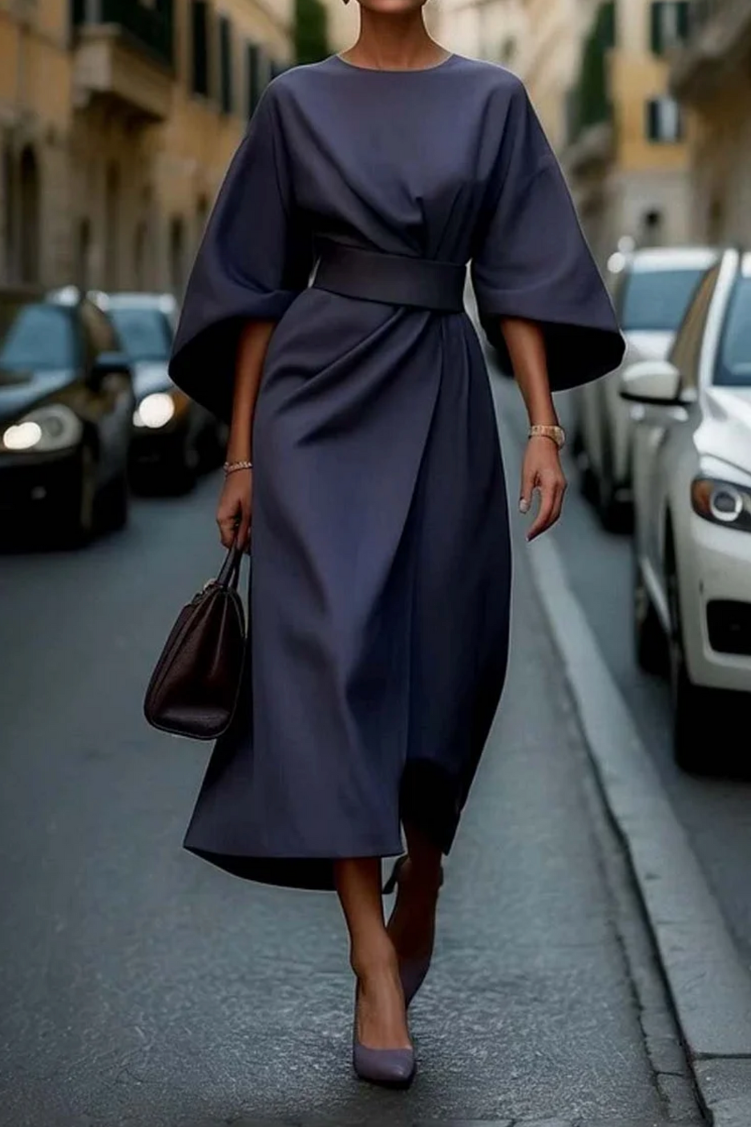 Sophisticated women's belted midi dress with stylish lantern sleeves. Perfect for fashion-forward elegance.