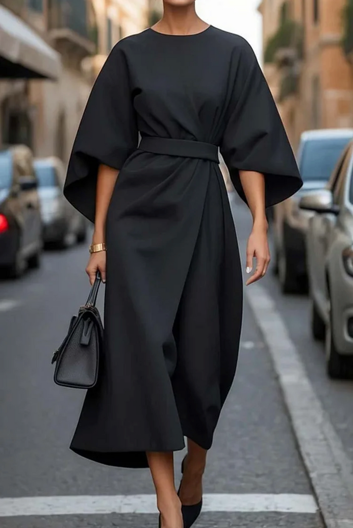 Fashionable women's midi dress with elegant lantern sleeves & a cinched belted waist for a flattering silhouette.