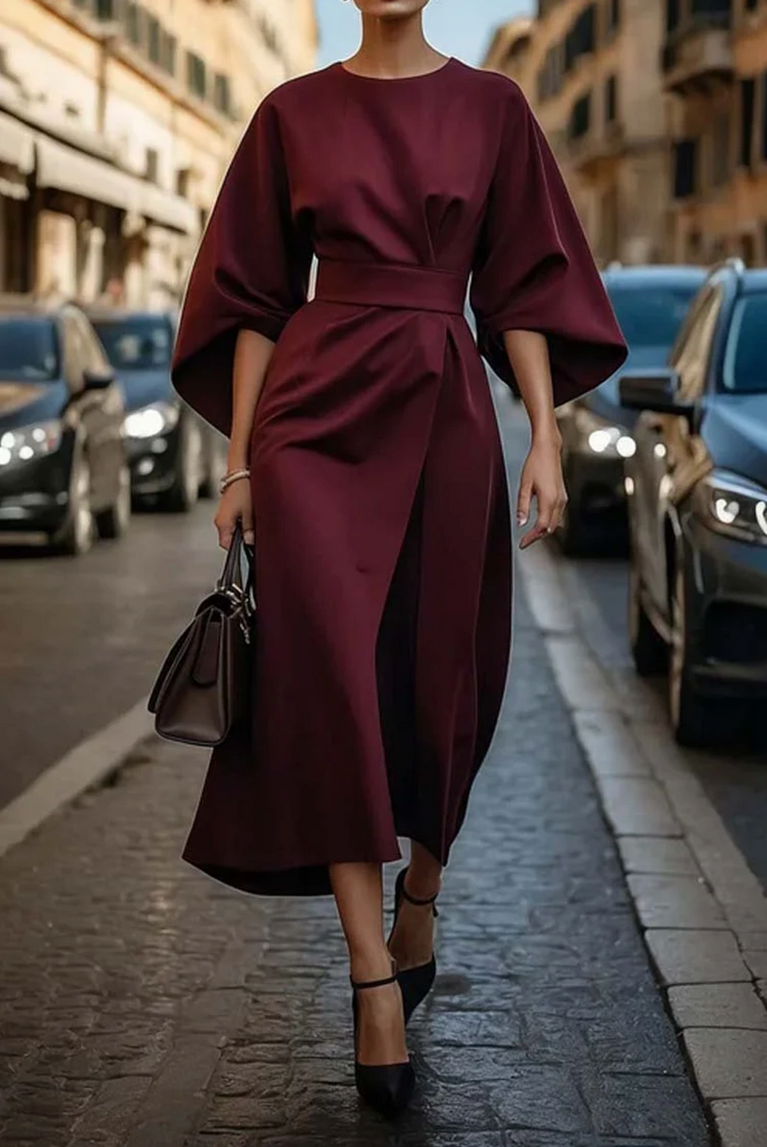 Women's elegant midi dress featuring sophisticated lantern sleeves and a smart belted design. Versatile fashion.