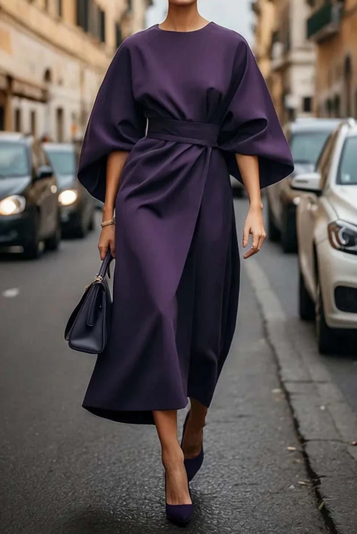 Stylish women's midi dress with flowy lantern sleeves & a chic, adjustable belt. Modern, sophisticated fashion.