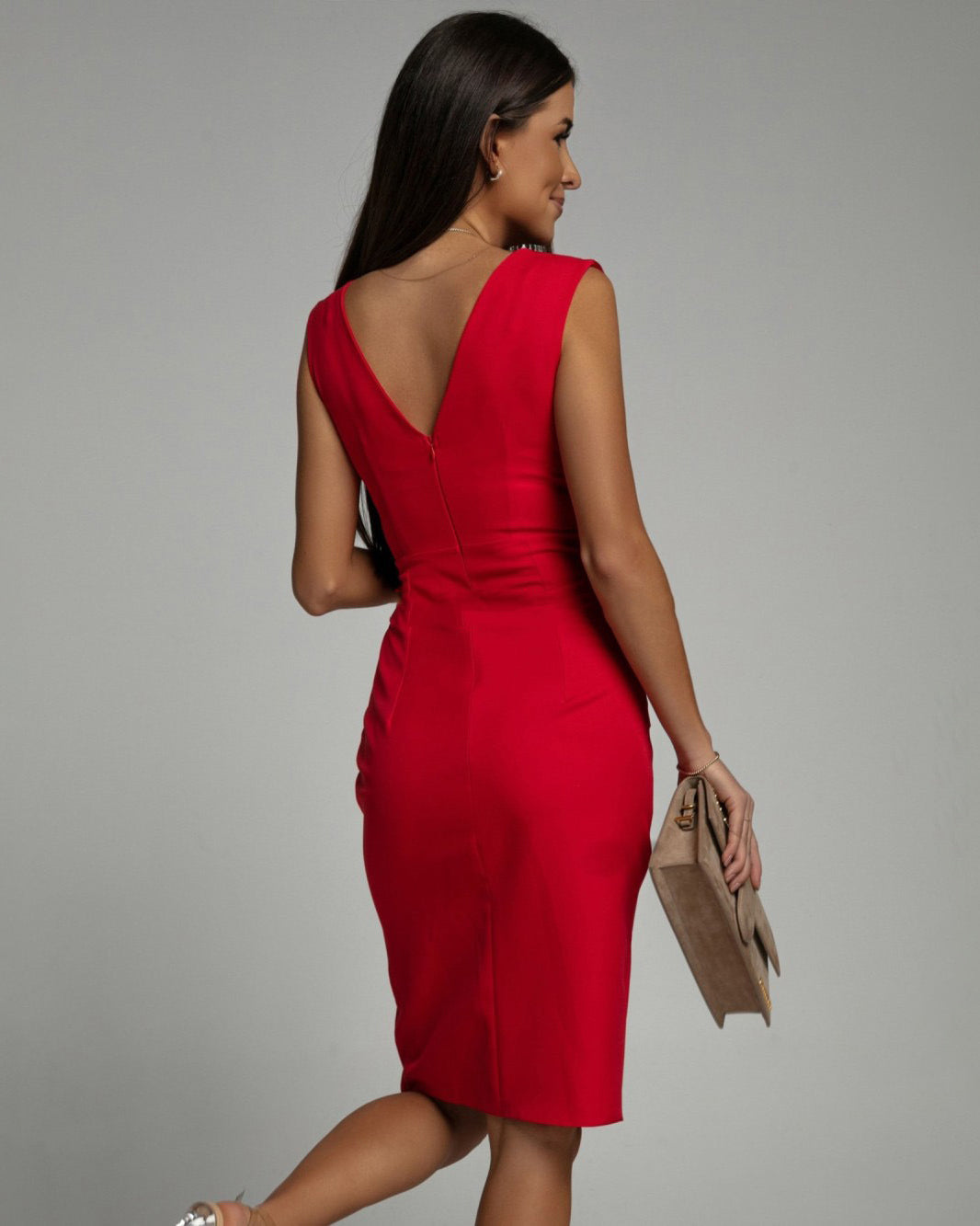 Flattering V-neck midi cocktail dress for women. Defined waist & elegant slit make it versatile for any occasion.