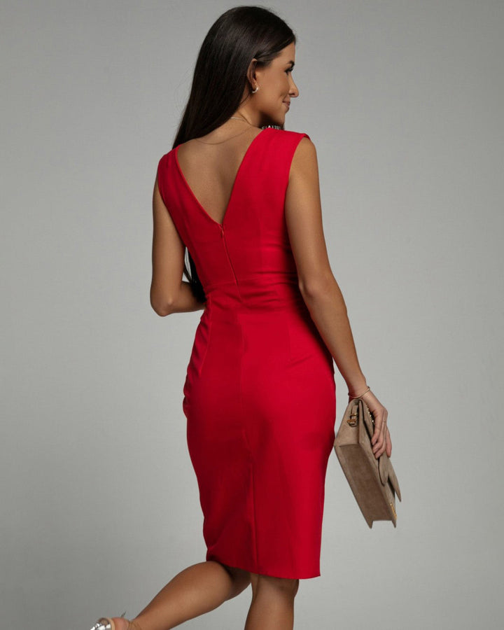 Flattering V-neck midi cocktail dress for women. Defined waist & elegant slit make it versatile for any occasion.