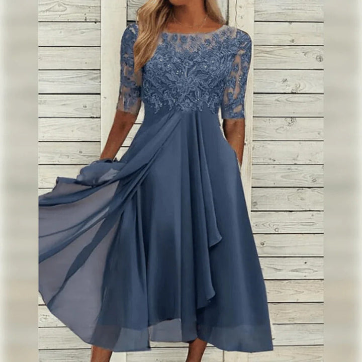 Beautiful women's formal midi dress with delicate lace & a graceful flowing skirt for evening parties & events.