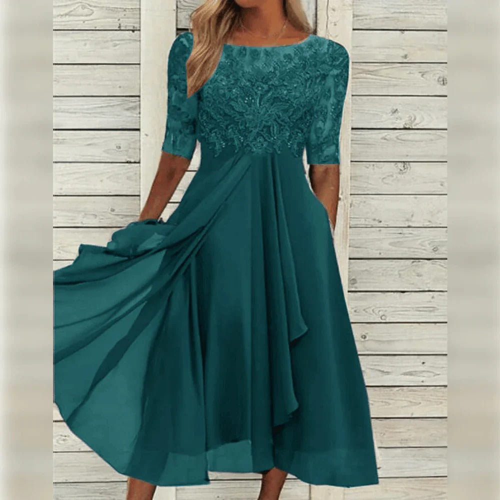 Elegant women's A-line midi dress with lace, 3/4 sleeves & a flowing skirt. Ideal for formal wear & parties.