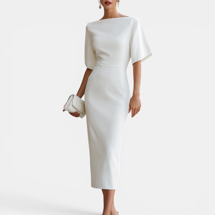 Elegant women's midi occasion dress with boat neck. Perfect for summer, prom, formal events, and parties.