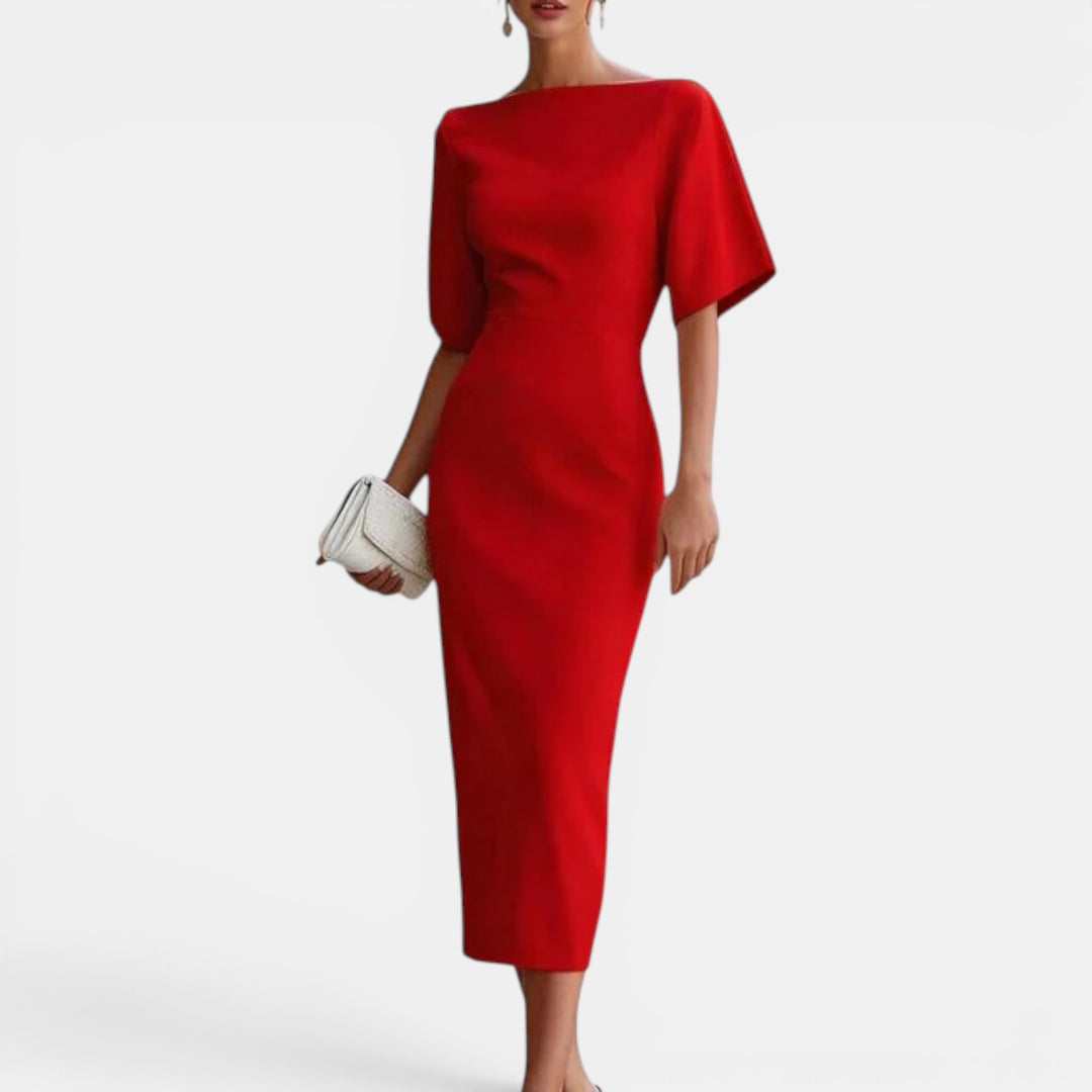 Sophisticated women's cocktail midi dress featuring a boat neck, ideal for prom, summer, and formal parties.