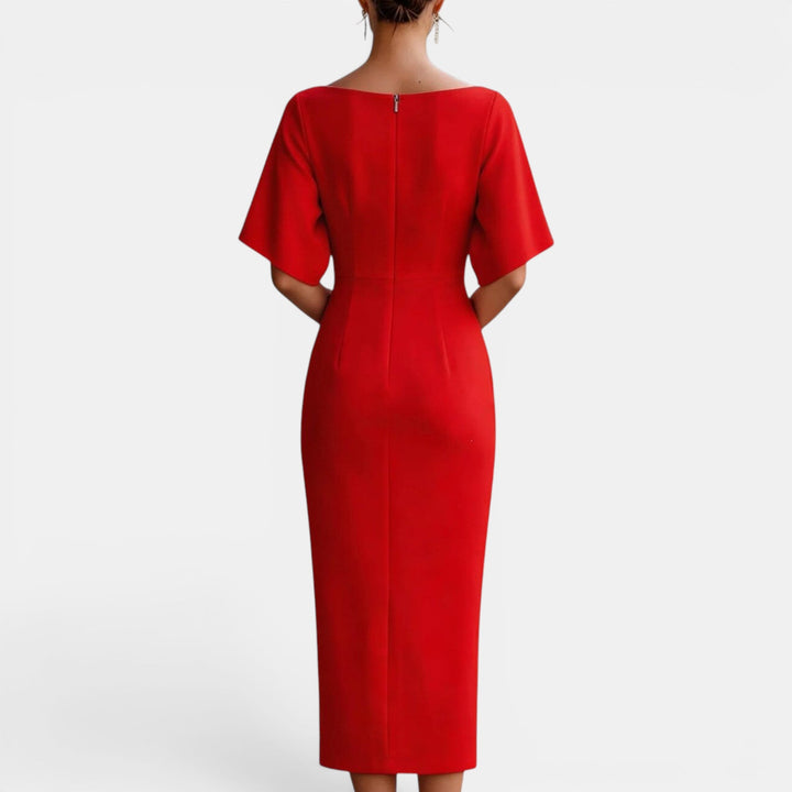 Timeless women's formal midi dress with elegant boat neck style, great for summer occasions and prom nights.
