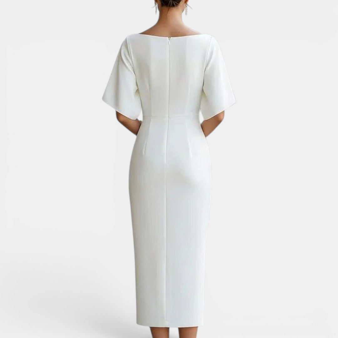 Flattering women's summer midi dress, elegant for prom, formal parties, or any special boat neck occasion.