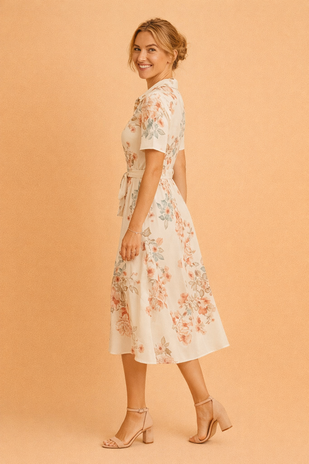 Chic women's midi shirt dress with belt & slit, styled for a sophisticated casual summer outfit.
