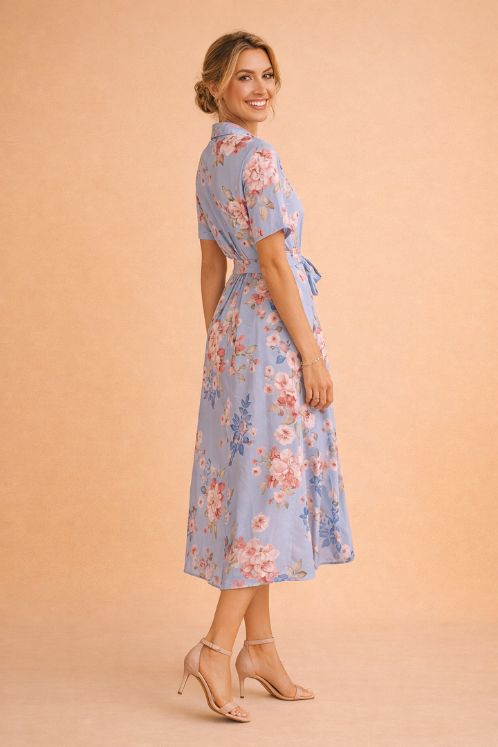 Sophisticated women's belted midi shirt dress with a stylish slit, a versatile addition to any wardrobe.