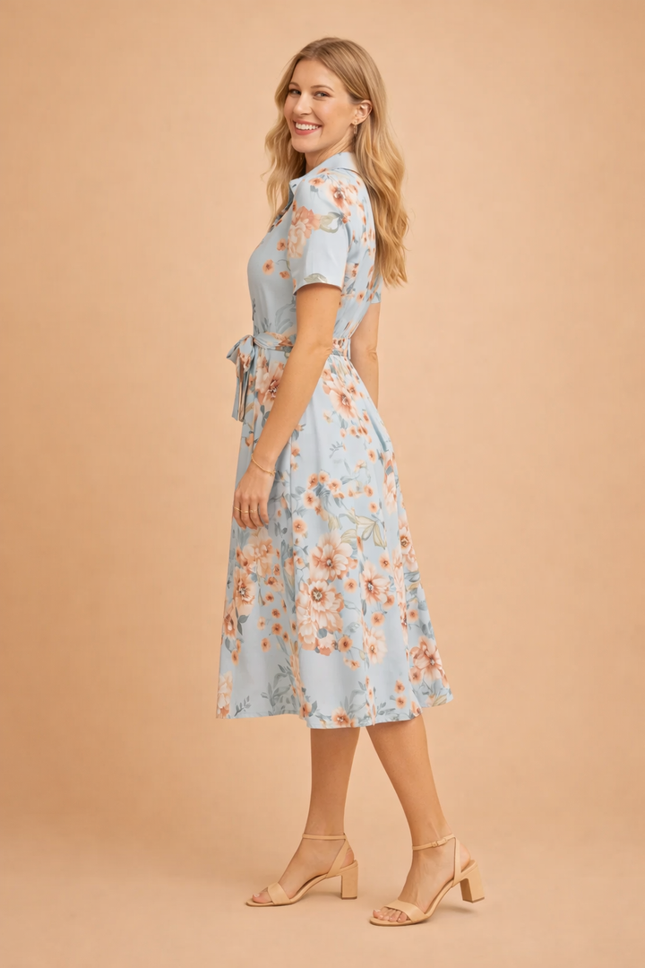 Woman confidently walking in an elegant midi shirt dress with a flattering belt & flowing side slit.