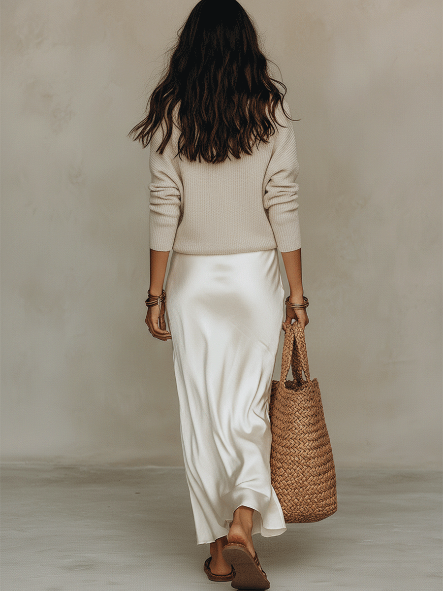 Matching co-ord set for women featuring an elegant top and midi skirt. Timeless smart casual ensemble.