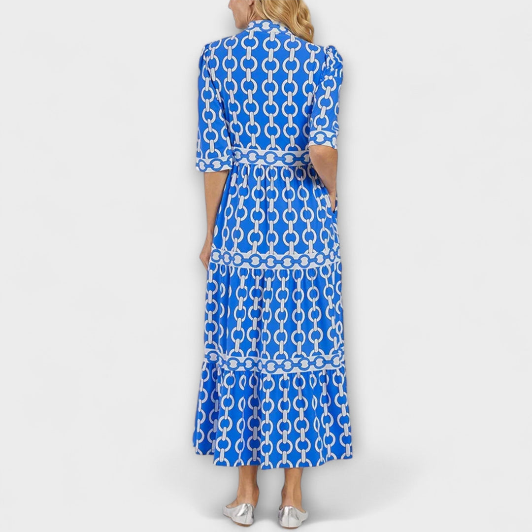 Comfortable & elegant women's midi dress, perfect for summer fashion, with a unique chain pattern & tiered skirt.