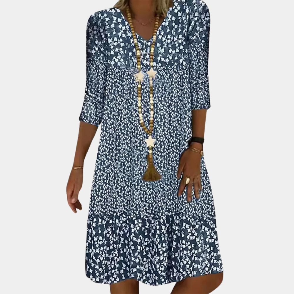 Elegant women's midi V-neck summer dress with short sleeves, perfect for casual or stylish warm weather wear.