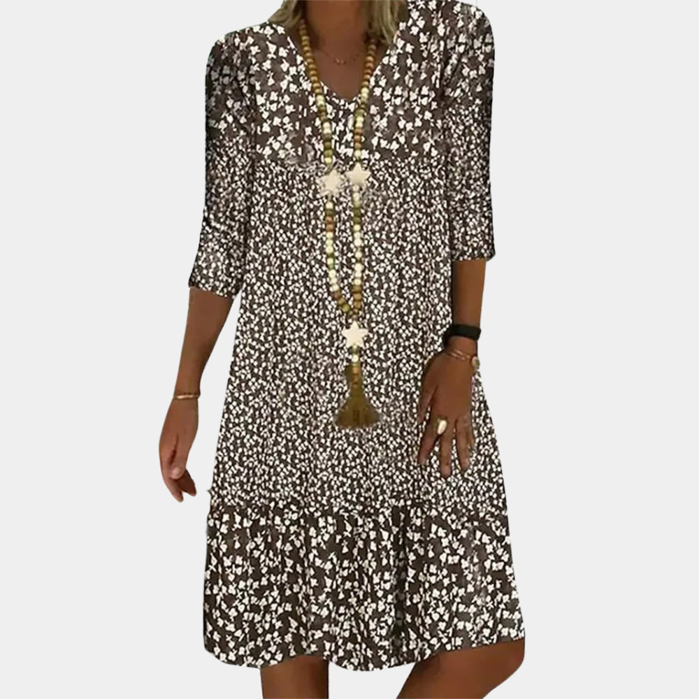 Stylish ladies midi V-neck dress, short sleeve, ideal for summer fashion and versatile elegant casual wear.