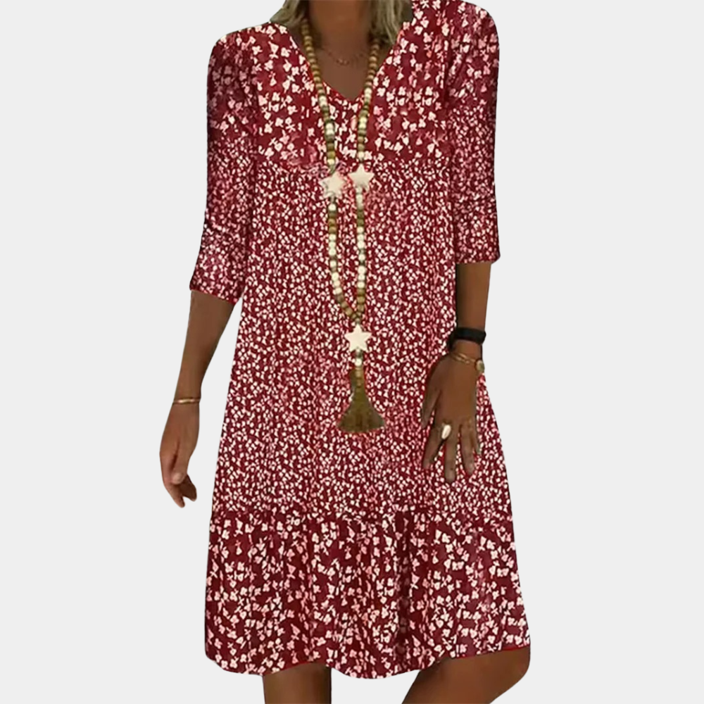 Comfortable V-neck midi summer dress for women, short sleeve, combining elegance with warm weather style.