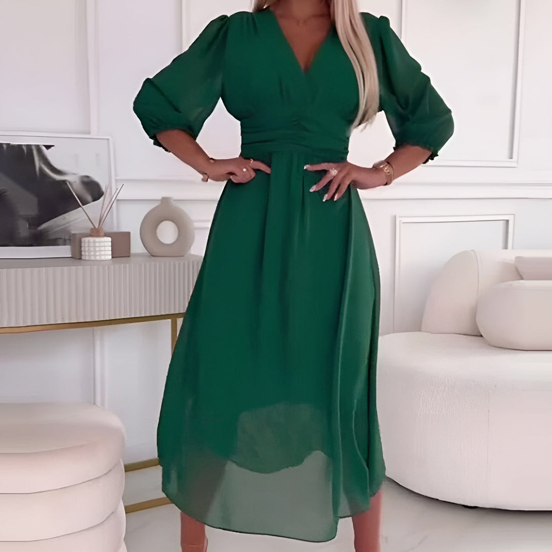 Elegant women's wrap midi dress, a chic and fashionable choice for ladies seeking versatile comfort and style. Perfect for all events.