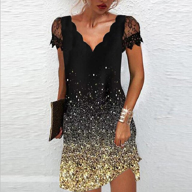 Women's elegant mini dress for evening events, with stunning lace sleeves & a sophisticated scalloped V-neck.
