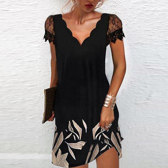 Women's party mini dress: elegant design, intricate lace sleeves, and a flattering scalloped V-neck.