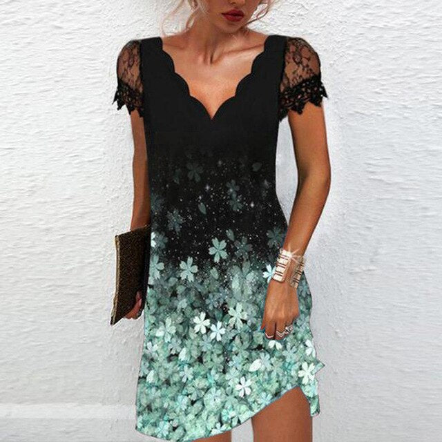 Beautiful cocktail dress for women, mini length, with exquisite lace sleeves & scalloped V-neck.