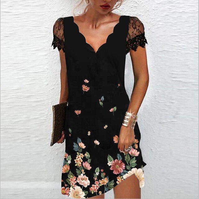 Elegant women's asymmetrical hem mini dress with exquisite lace sleeves & a scalloped V-neck.