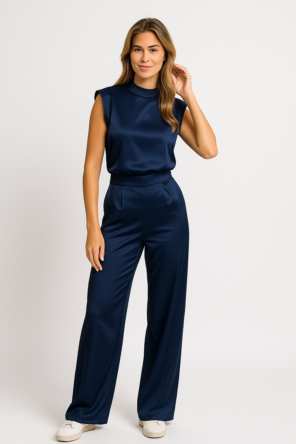 Comfortable women's wide leg formal jumpsuit, sleeveless mock neck design, perfect for elegant occasionwear.