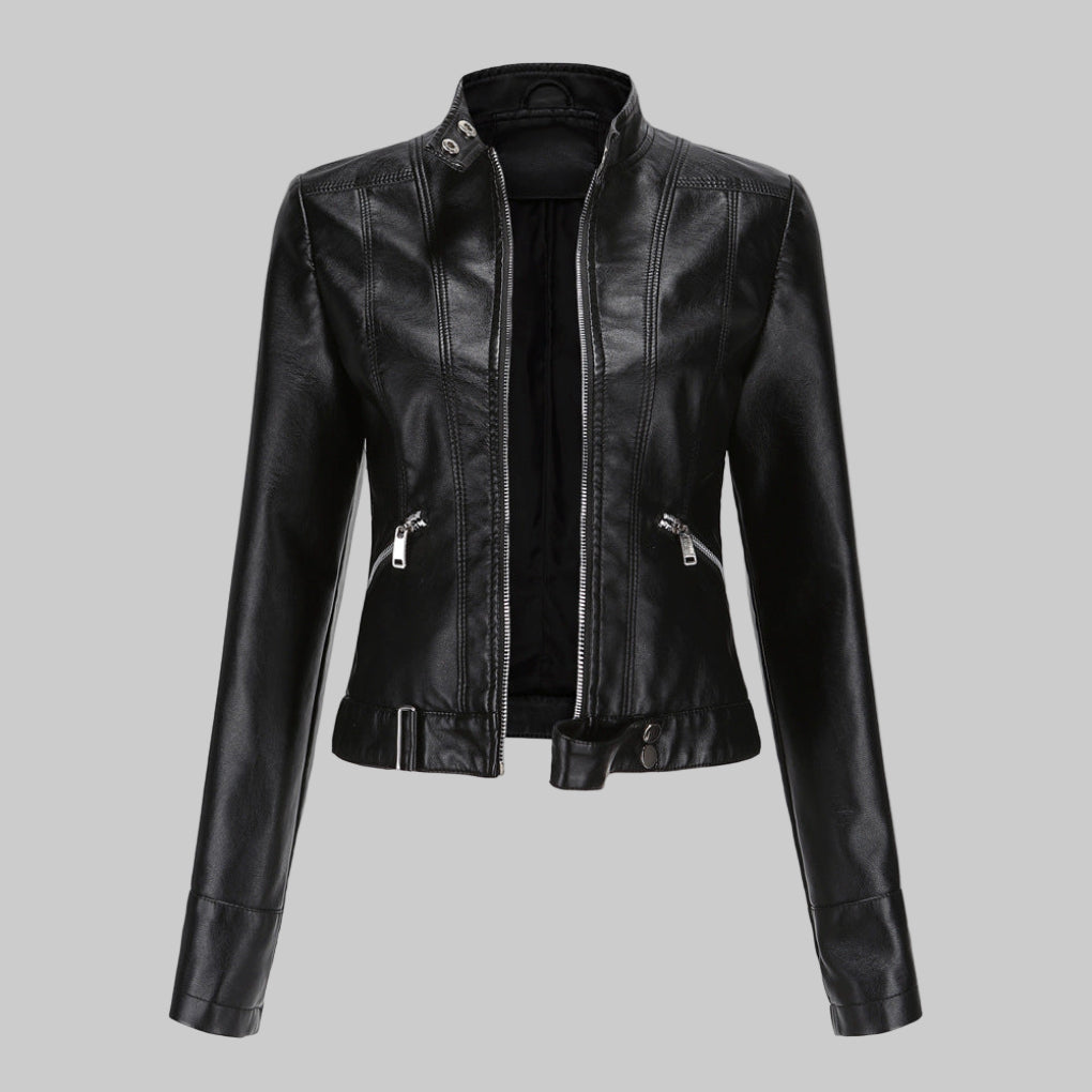 Elegant women's moto biker jacket with a stand collar and zipper closure, perfect for stylish fall fashion.
