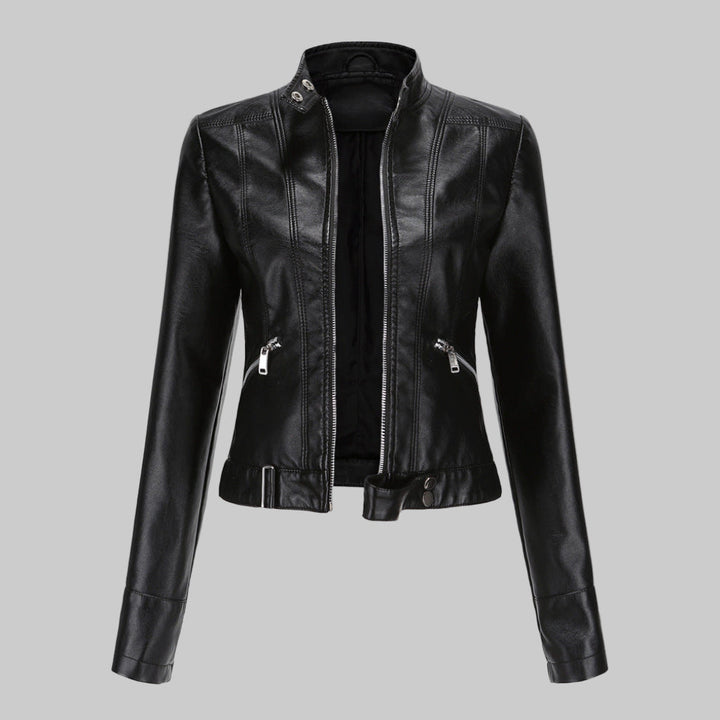 Elegant women's moto biker jacket with a stand collar and zipper closure, perfect for stylish fall fashion.