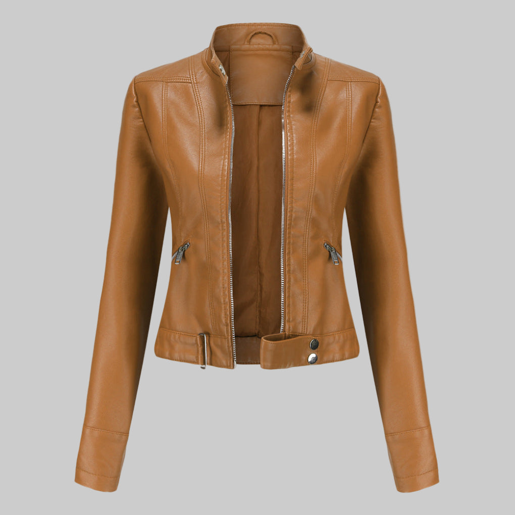 Versatile ladies' elegant moto biker jacket, ideal outerwear for spring and fall fashion. Stylish zipper jacket.