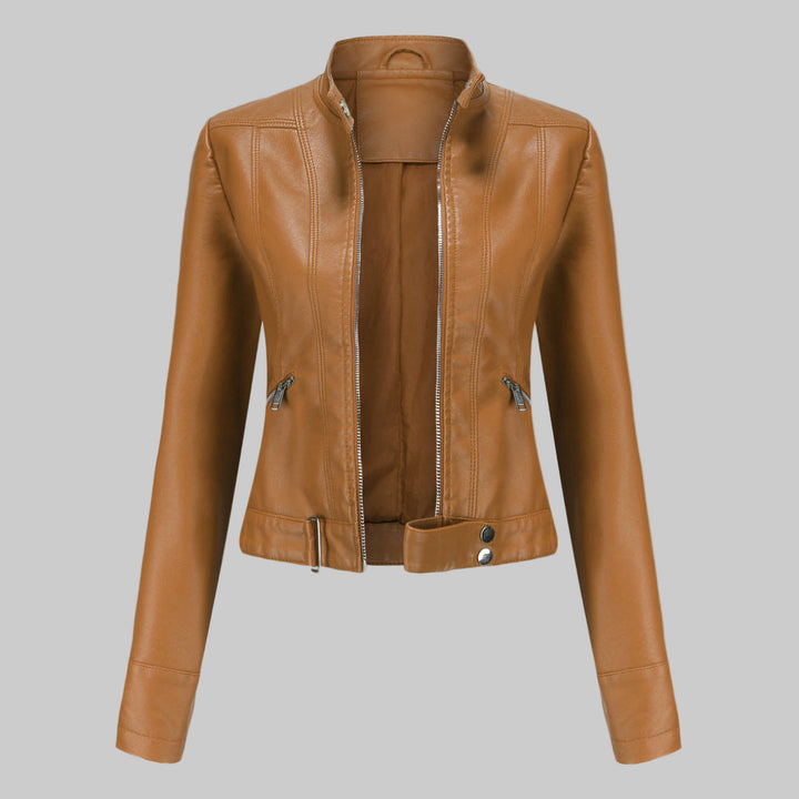 Versatile ladies' elegant moto biker jacket, ideal outerwear for spring and fall fashion. Stylish zipper jacket.