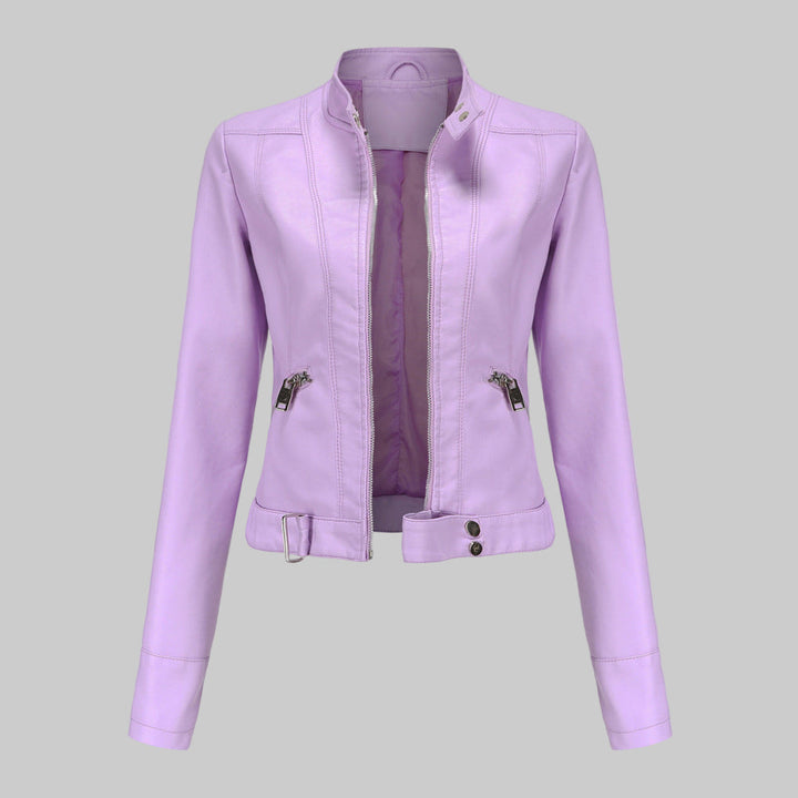 Stylish women's elegant biker jacket, a trendy moto outerwear piece. Perfect fashion jacket for a versatile look.
