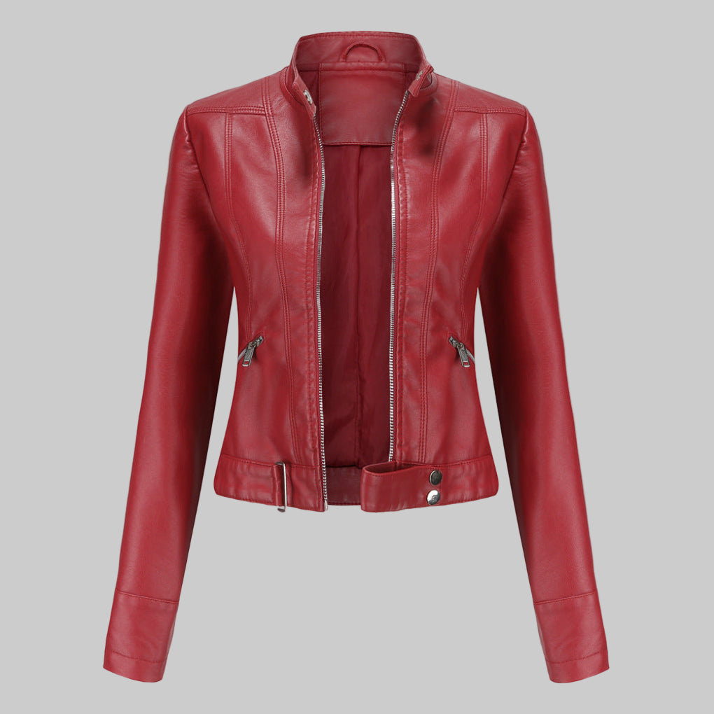 Women's elegant moto biker jacket with a sleek design, stand collar, and zipper. Versatile ladies' fashion.