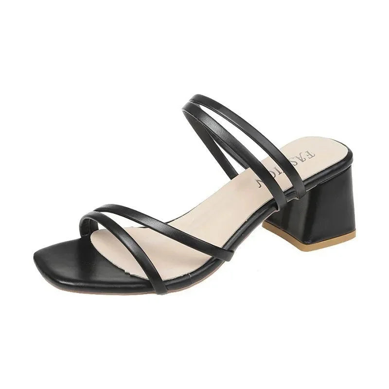 Elegant women's multi-strap block-heel sandals with a modern square toe, perfect for summer evenings.