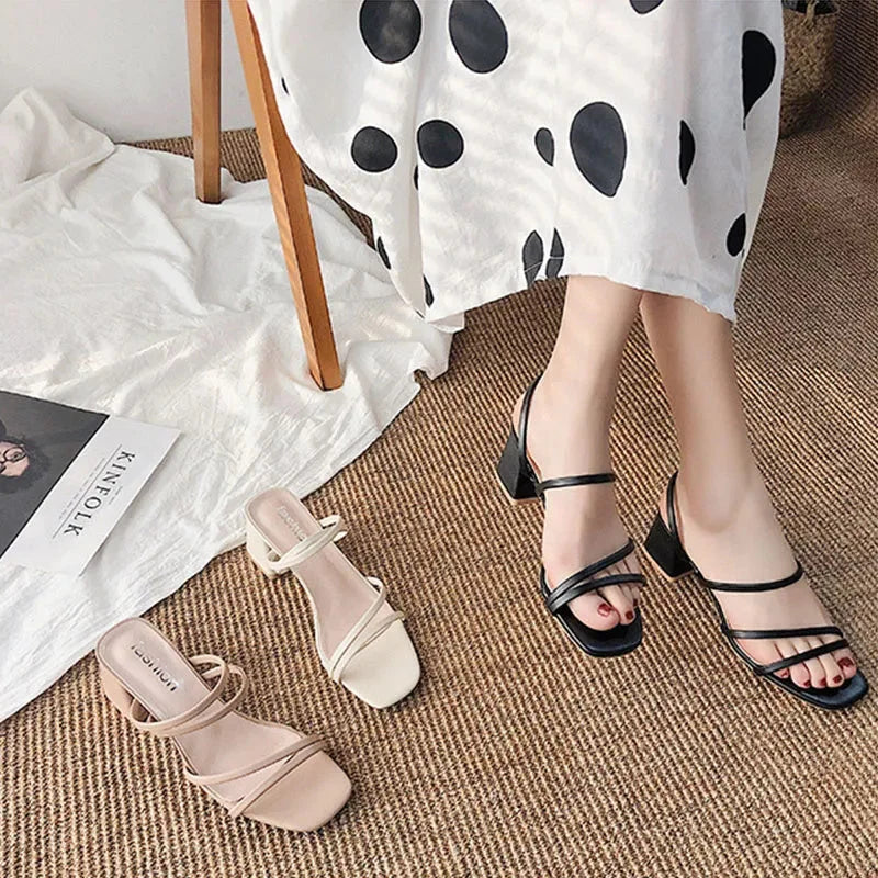 Chic square toe sandals for women, designed with multiple straps and a comfortable block heel.