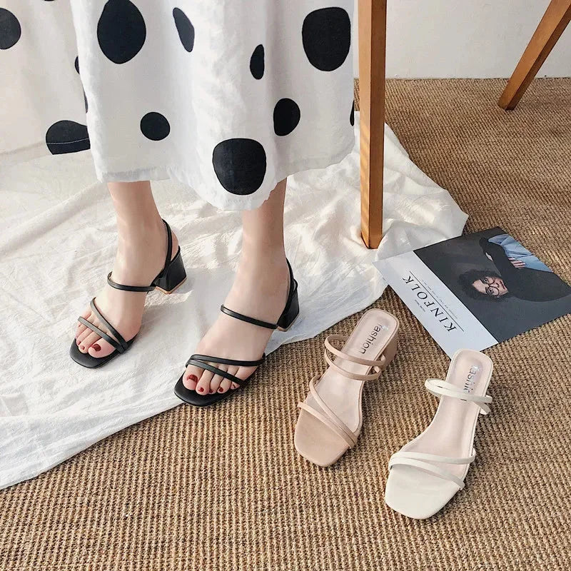 Elegant women's multi-strap sandals with a square toe and stable block heel for all-day comfort.