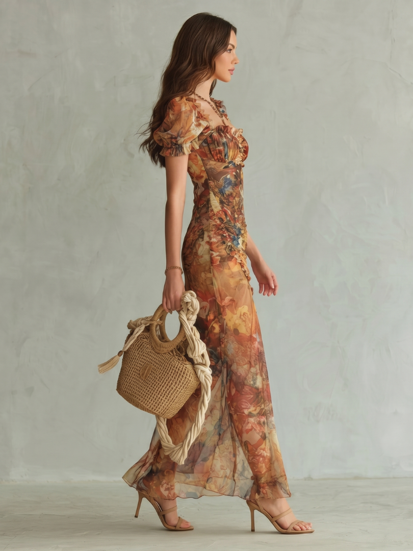 Chic women's midi dress featuring ruffled sleeves, ruched detailing, and a stylish slit. Ideal for elegant occasion wear.
