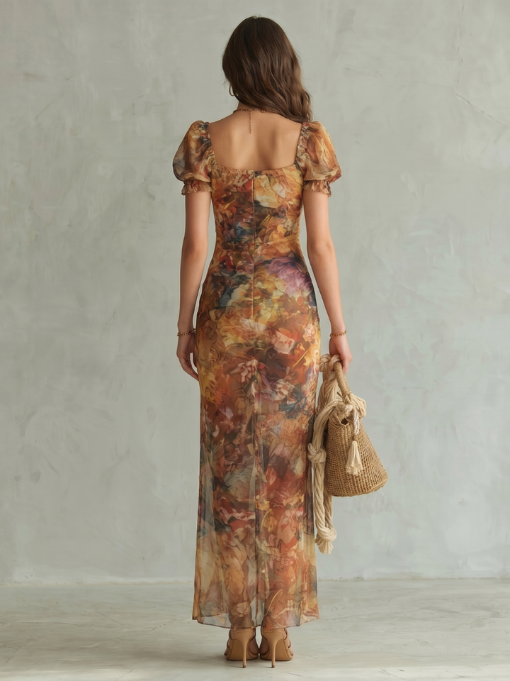 Multicolor women's midi dress with trendy ruffled sleeves, ruched body, and a graceful slit, offering chic summer style.