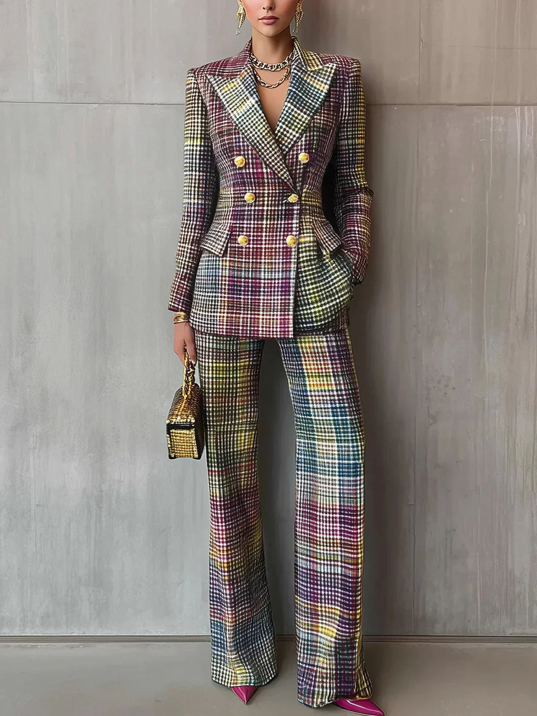 Elegant Women's Multicolour V-Neck Pant Set, ideal for formal office wear and chic tailored style.