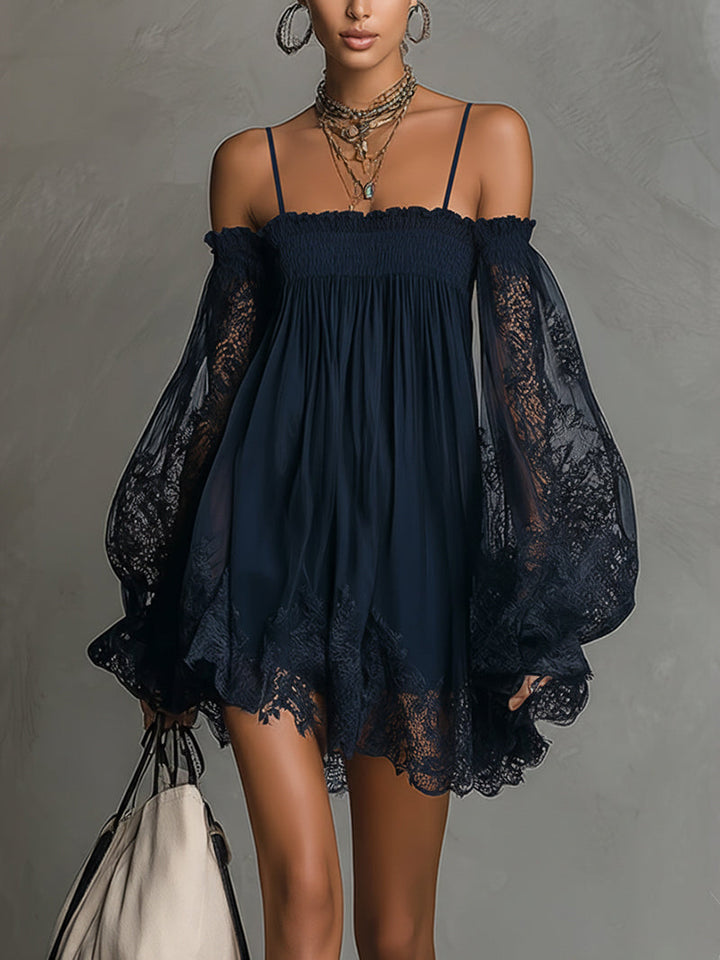 Elegant women's navy blue off-shoulder A-line lace dress, perfect for romantic evenings or parties.