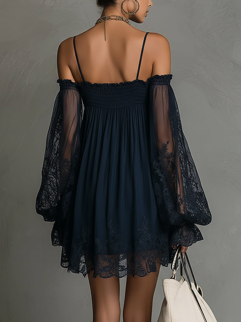 Romantic women's off-shoulder lace party dress in a flattering A-line style, ideal for special occasions.