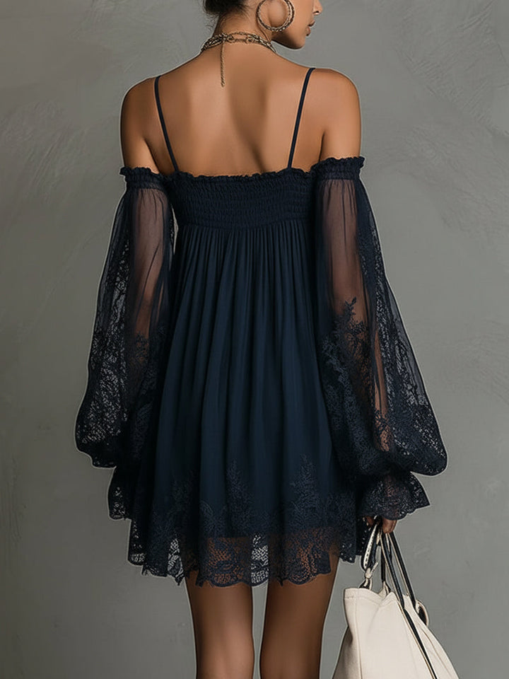 Romantic women's off-shoulder lace party dress in a flattering A-line style, ideal for special occasions.