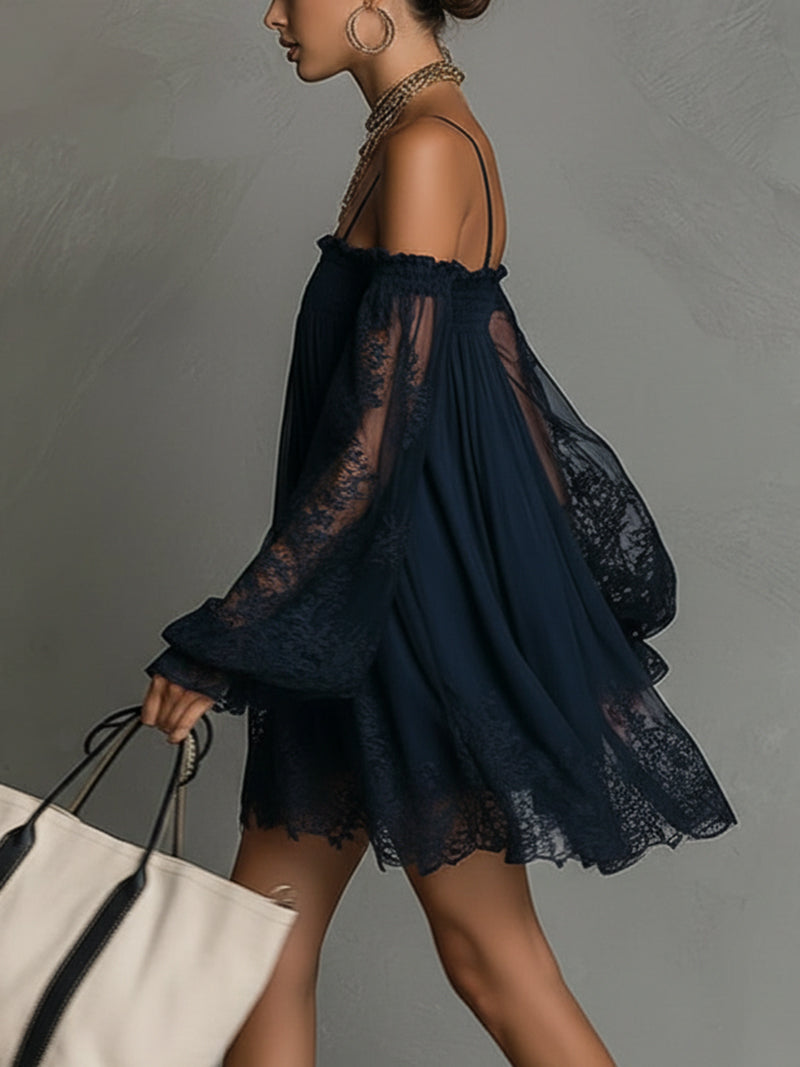 Feminine off-shoulder navy blue lace dress with an elegant A-line silhouette for women's special events.