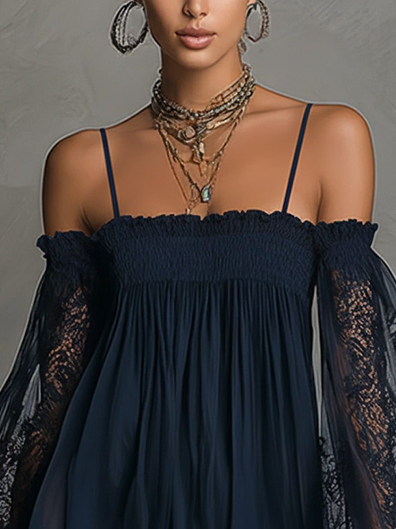 Chic women's navy blue off-shoulder lace evening dress, a romantic A-line design for special occasions.