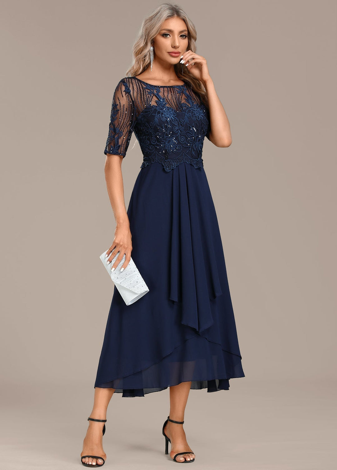 Stylish women's elegant navy midi dress, a sophisticated party dress with a flattering cut.