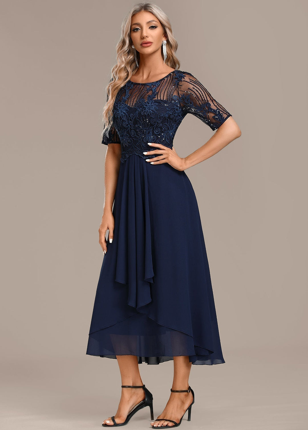 Navy short sleeve midi dress for women, an elegant choice with a round neck for special occasions.