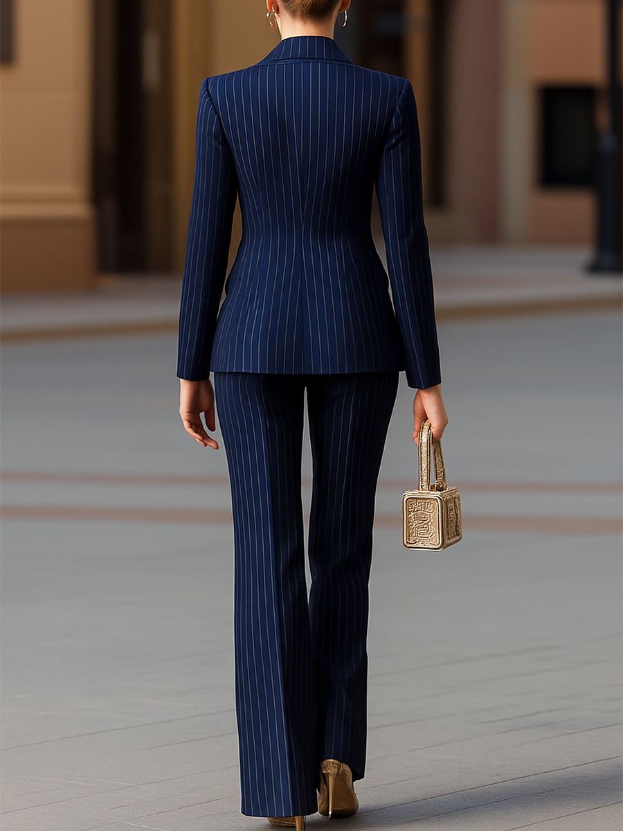 Chic black pinstripe women's suit set, featuring an elegant blazer and tailored trousers for work.