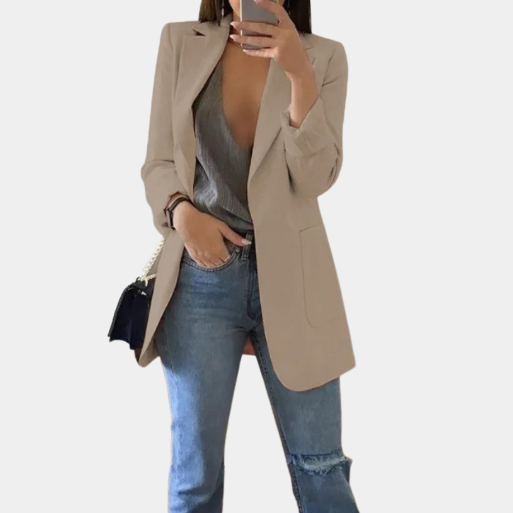 Professional women's notch lapel blazer, ideal for work and business casual. Elegant and stylish outerwear.