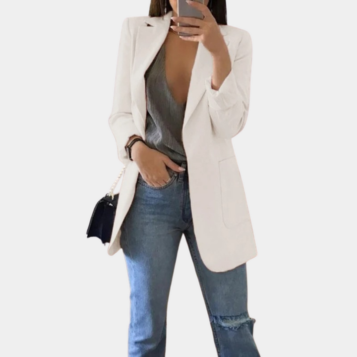 Versatile women's notch lapel blazer jacket. Elegant for office, chic for business casual. Stylish and professional.