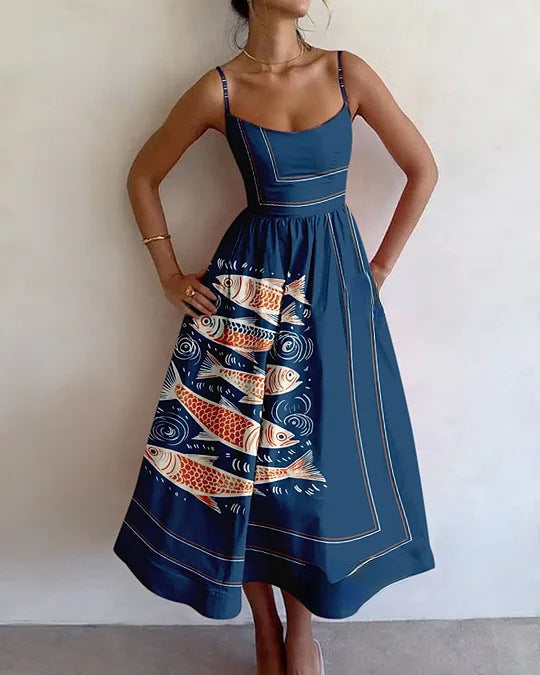 Elegant Women's Ocean Tide Midi Dress with a graceful coastal print, perfect for summer vacation and beach wear.