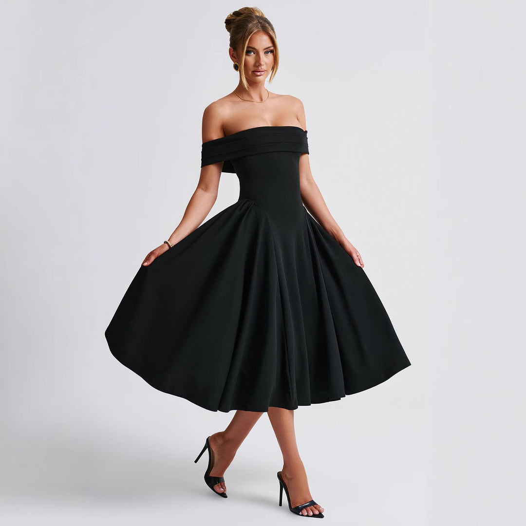Elegant women's off-shoulder A-line midi dress, perfect for formal events & parties. Flattering fit.